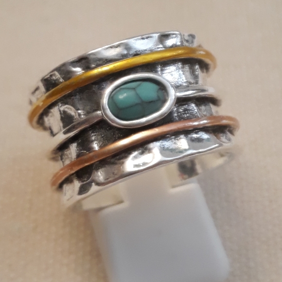 Stacked Sterling Silver/Hammered Turquoise Band Ring (6, 7, 8, 9, 10, 11) - Picture 1 of 7